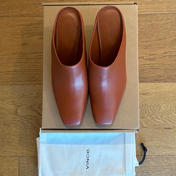 Vince Leather Benita Square Toe Slip On Clog Wedge Heel Pumps (Rust Amber) - Picture 6 of 16